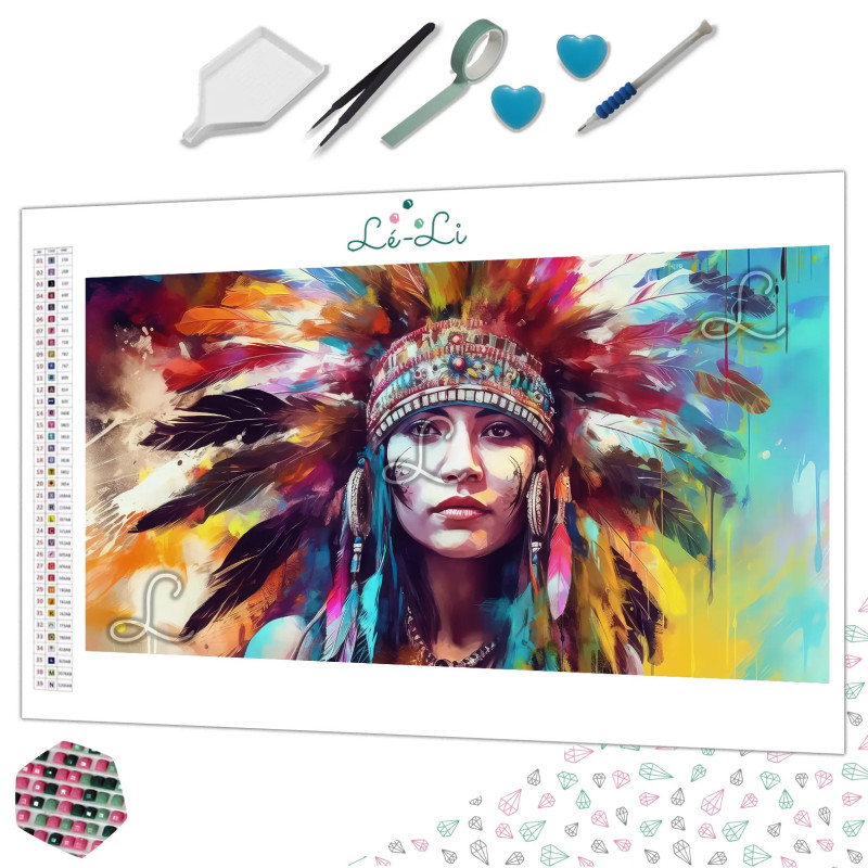 Diamond Painting Femme Amérindienne aux Plumes Colorées Premium