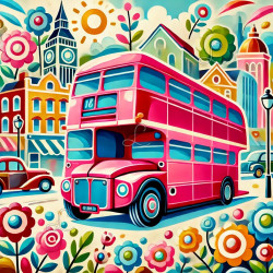 Diamond Painting Bus Londonien Rose et Ville Colorée Premium