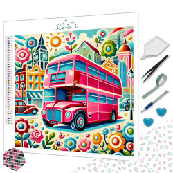Diamond Painting Bus Londonien Rose et Ville Colorée Premium