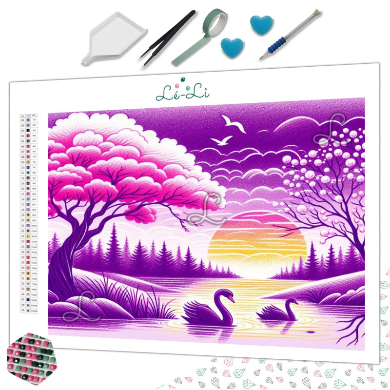 Diamond Painting Cygnes au Coucher de Soleil Violet Premium