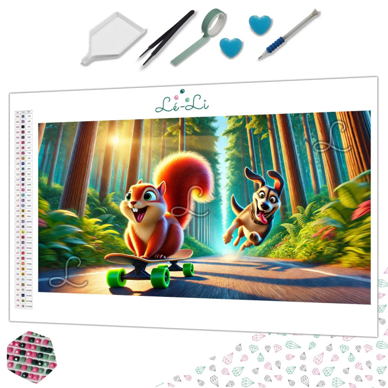 Diamond Painting Écureuil en Skateboard avec Chien Premium
