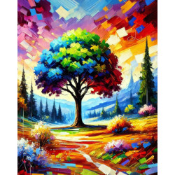 Diamond Painting Arbre Multicolore dans un Paysage Premium