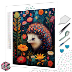 Diamond painting hérisson coloré dans jardin floral fond sombre – Lé-Li