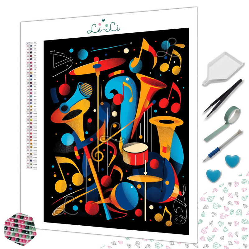Diamond painting instruments et notes de musique style moderne fond noir – Lé-Li