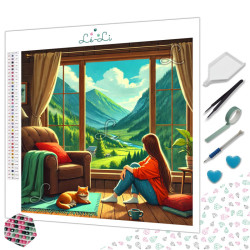 Diamond painting paysage montagne vu depuis fenêtre ambiance cosy – Lé-Li