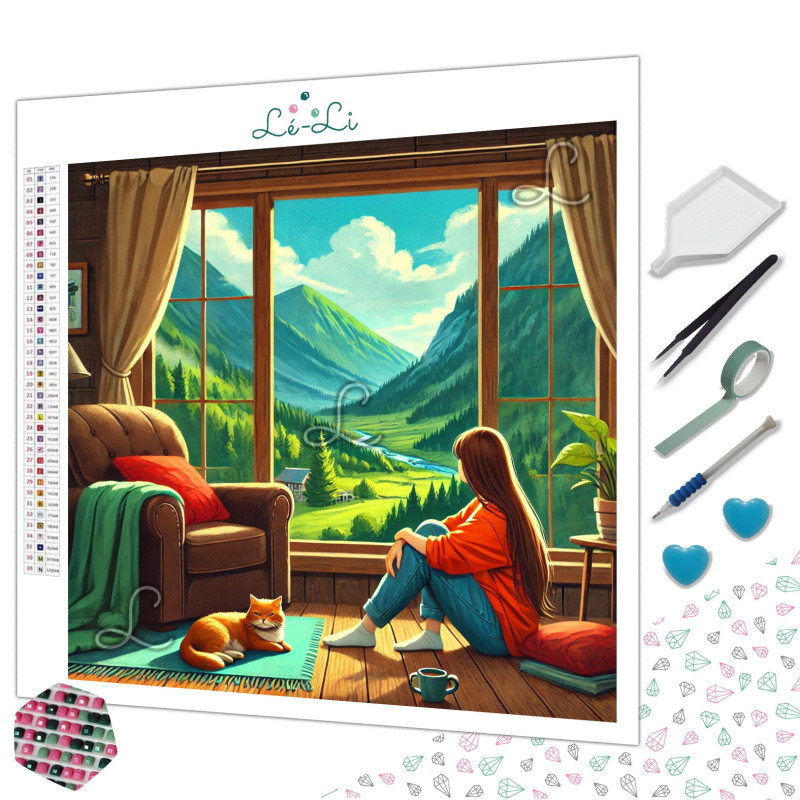 Diamond painting paysage montagne vu depuis fenêtre ambiance cosy – Lé-Li