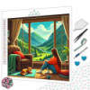 Diamond painting paysage montagne vu depuis fenêtre ambiance cosy – Lé-Li