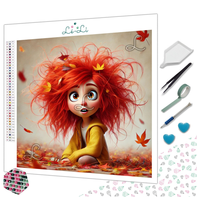 Diamond painting fillette cheveux roux ambiance automne feuilles colorées – Lé-Li