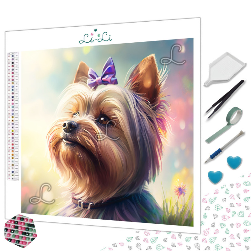 Diamond painting portrait chien avec nœud ambiance douce et lumineuse – Lé-Li
