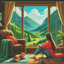 Diamond Painting Femme, Chat et Paysage de Montagne | Lé-Li
