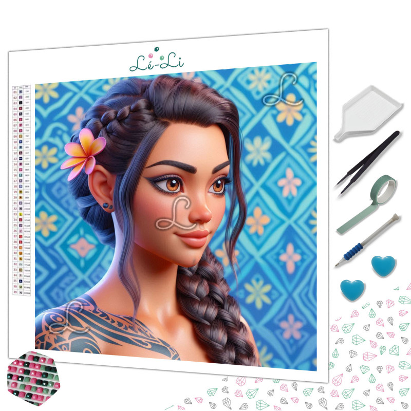 Diamond painting portrait femme tressée avec fleur et motifs bleus – Lé-Li