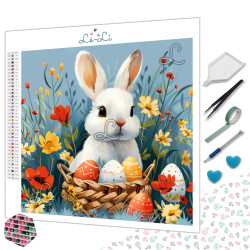 Diamond painting lapin de Pâques avec œufs décorés et fleurs printanières – Lé-Li