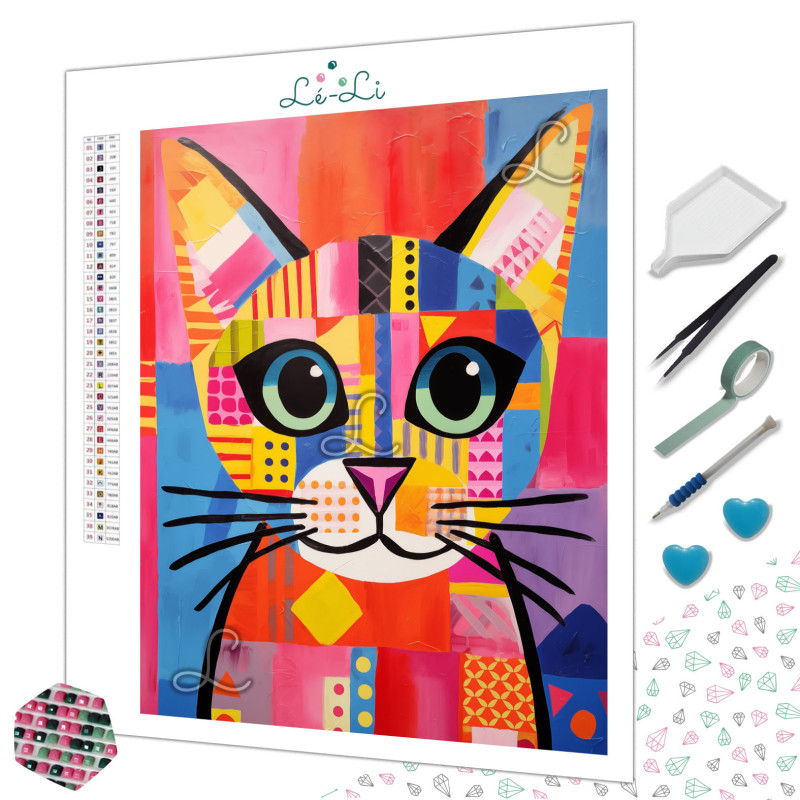 Chat Pop Art Multicolore - Broderie Diamant avec Diamants Spéciaux