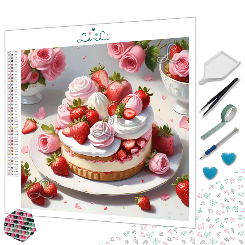 Diamond Painting Gâteau aux Fraises et Roses Premium