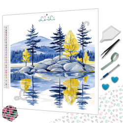 Paysage lac et pins – Diamond Painting nature calme