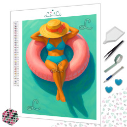 Diamond Painting Femme en Maillot sur Bouée Rose Premium