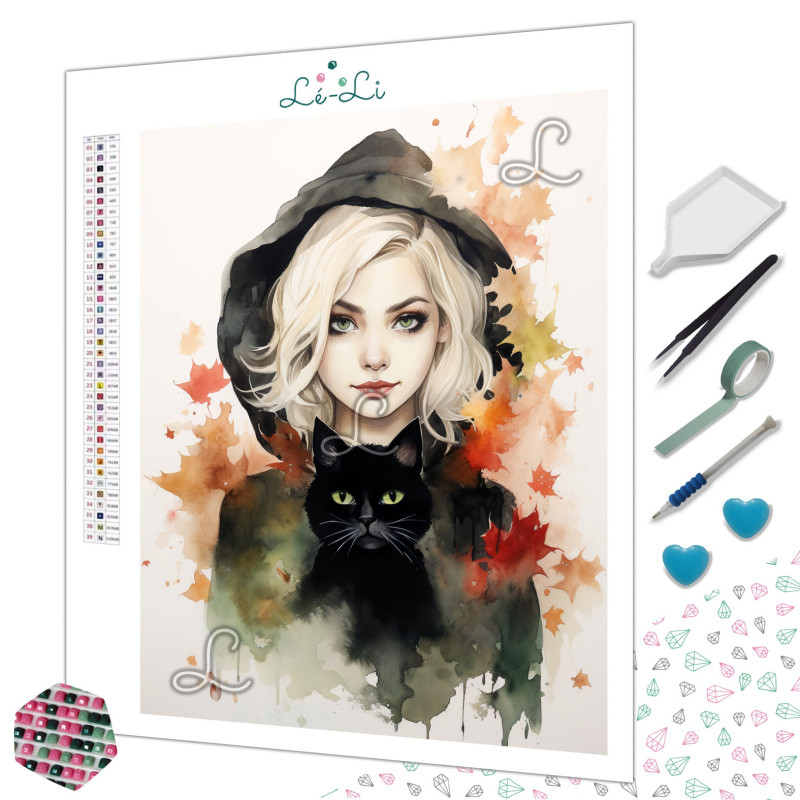 Sorcière blonde & chat noir – Diamond Painting magique Sorcière blonde & chat noir – Diamond Painting magique