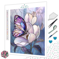 Diamond Painting Papillon Violet sur Fleur de Magnolia Premium
