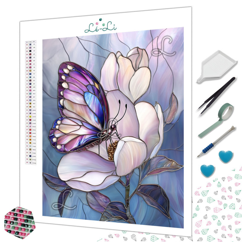 Papillon violet & fleur – Diamond Painting vitrail