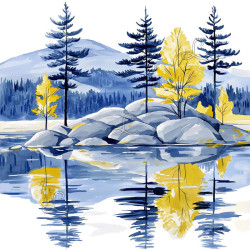 Paysage lac et pins – Diamond Painting nature calme