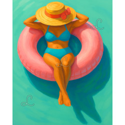 Diamond Painting Femme en Maillot sur Bouée Rose Premium