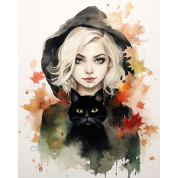 Sorcière blonde & chat noir – Diamond Painting magique