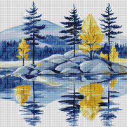 Paysage lac et pins – Diamond Painting nature calme