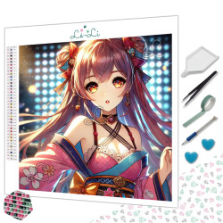 Diamond Painting Jeune Femme Manga en Kimono Rose Premium