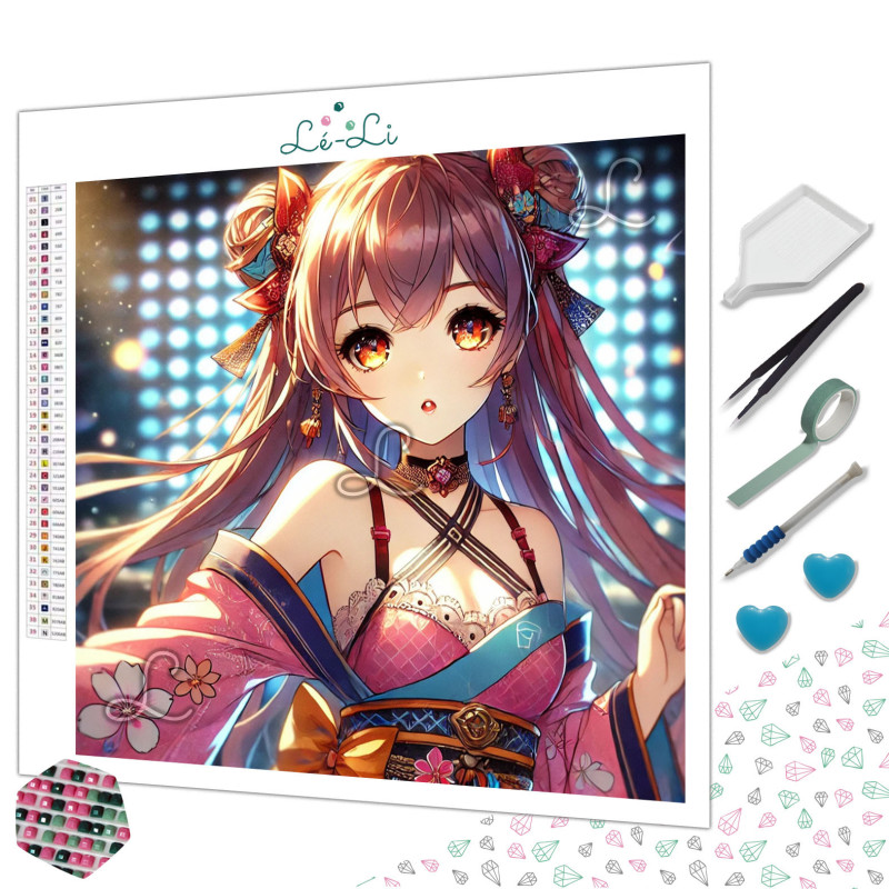 Diamond Painting Jeune Femme Manga en Kimono Rose Premium