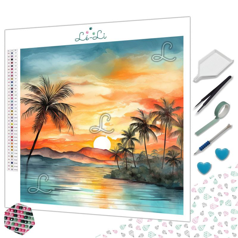 Diamond Painting Coucher de Soleil Tropical avec Palmiers Premium