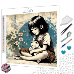 Fille et chat blanc – Diamond Painting rétro tendre