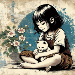 Fille et chat blanc – Diamond Painting rétro tendre