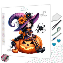 Diamond Painting Sorcière Kawaii sur Citrouille d’Halloween