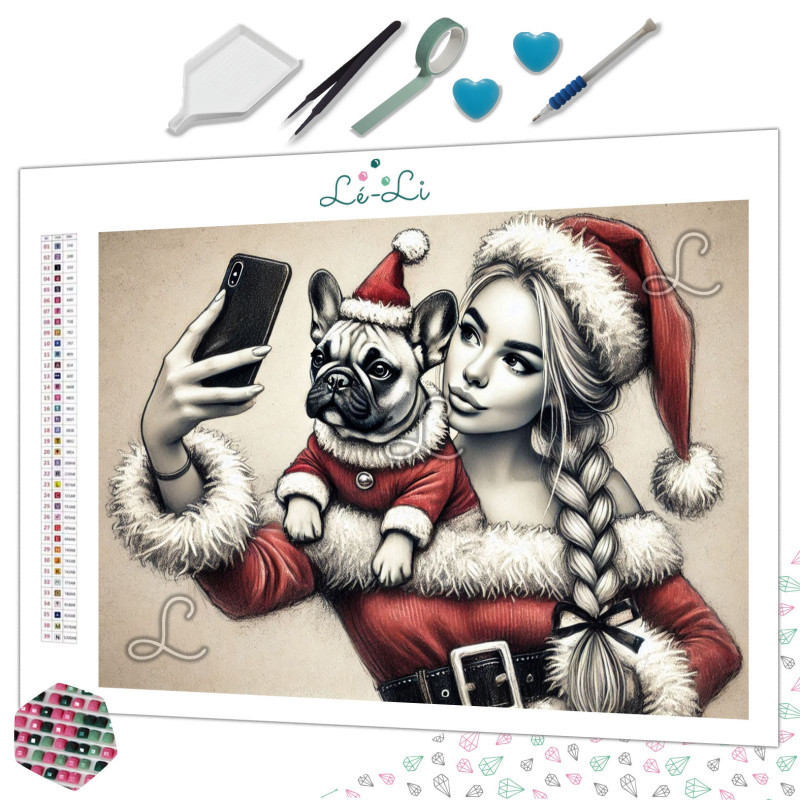 Diamond Painting Santa Selfie 🎅 Fille & Bouledogue Noël