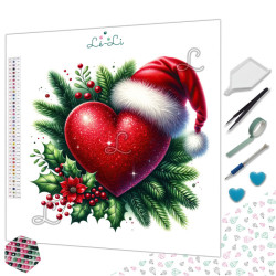 Diamond painting cœur de Noël rouge avec feuillages et bonnet