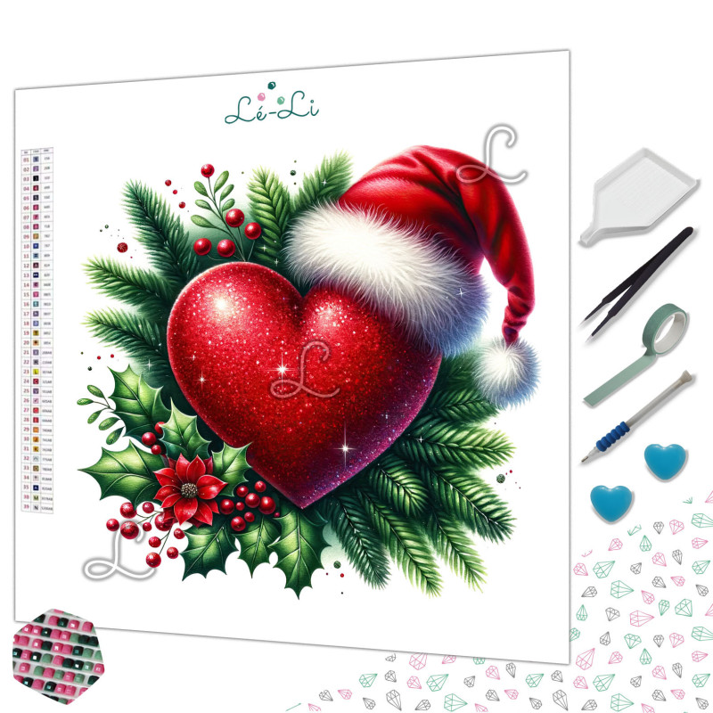 Diamond painting cœur de Noël rouge avec feuillages et bonnet