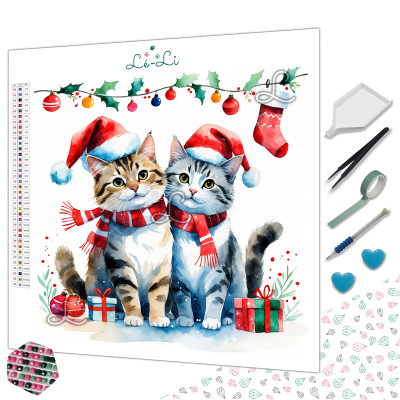 Diamond painting chats de Noël avec bonnets, écharpes et cadeaux – Lé-Li