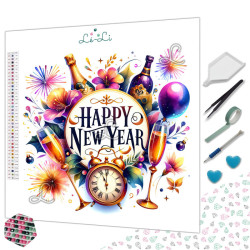 Broderie diamant Happy New Year avec champagne et feux d’artifice – Lé-Li