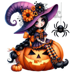 Diamond Painting Sorcière Kawaii sur Citrouille d’Halloween