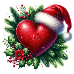 Diamond painting cœur de Noël rouge avec feuillages et bonnet