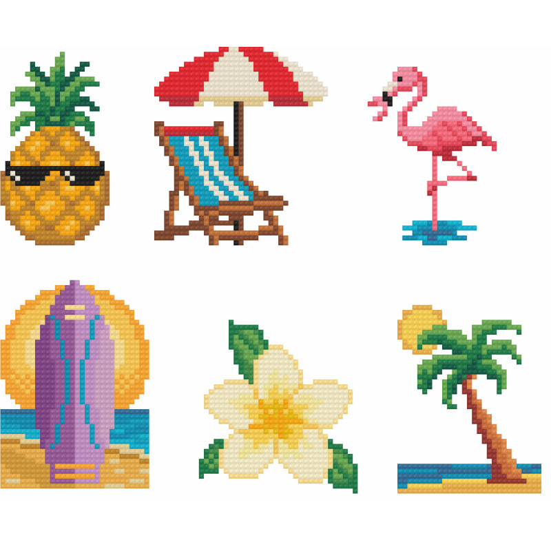 Mini kit diamond painting été avec motifs tropicaux ananas flamant rose palmier transat surf fleur