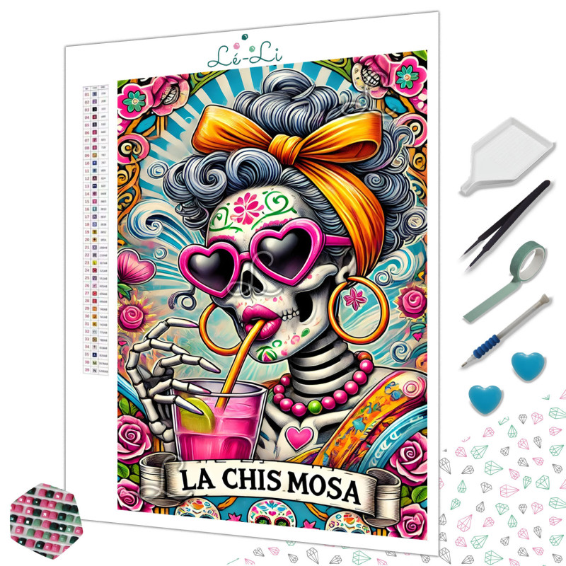 Diamond Painting  Squelette Mexicain Pin-Up Coloré Premium