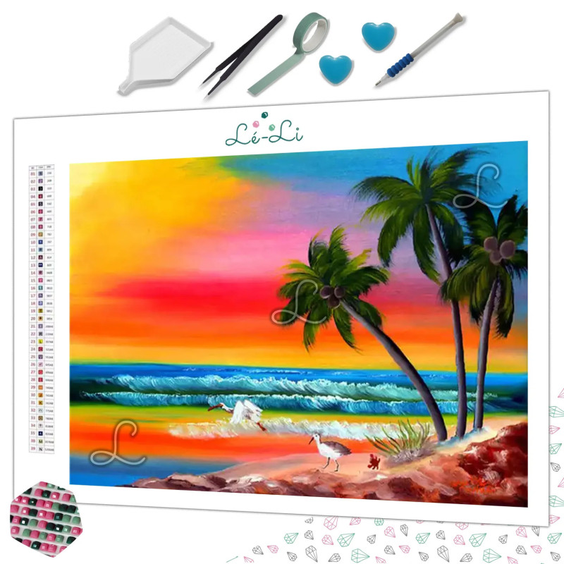 Diamond Painting Plage Tropicale au Coucher de Soleil – Paysage Exotique et Détente